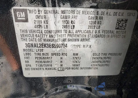 2014 Chevrolet Captiva Sport 2Ls из США, поврежденный, VIN 3GNAL2EK3ES590784